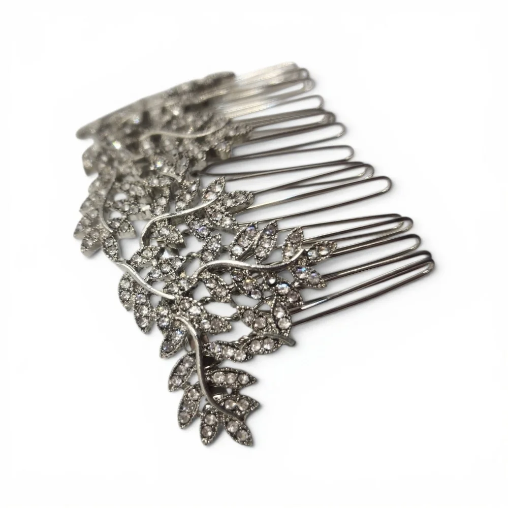 Vintage Style Rhinestone Leaves Silvertone Style Metal Hair Comb